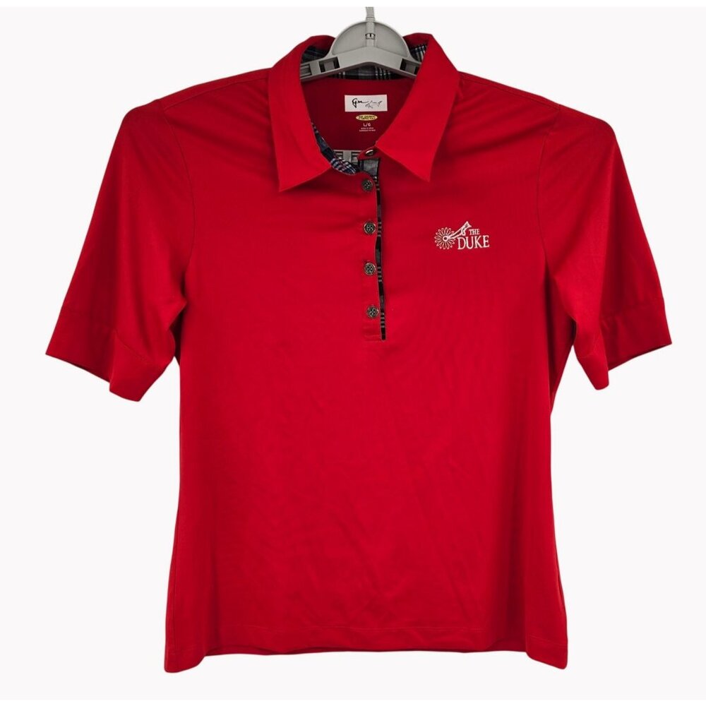 Greg Norman Womens L Red Polo Duke Golf Logo Plaid Trim PlayDry Tech